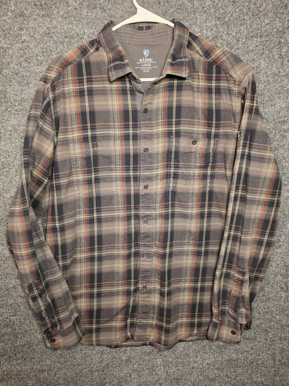 KUHL Long Sleeve Plaid Button Down Shirt Mens Large Brown Orange Outdoor Hiking